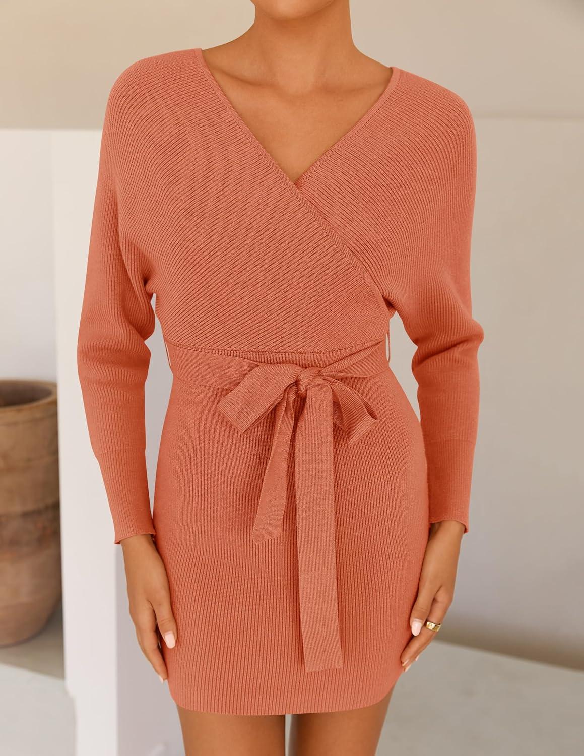 imageZESICA Womens Fall Long Batwing Sleeve Wrap V Neck Knitted Backless Bodycon Pullover Sweater Dress with BeltPeach