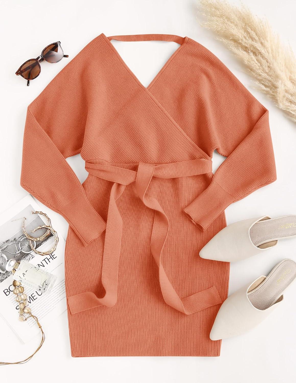 imageZESICA Womens Fall Long Batwing Sleeve Wrap V Neck Knitted Backless Bodycon Pullover Sweater Dress with BeltPeach
