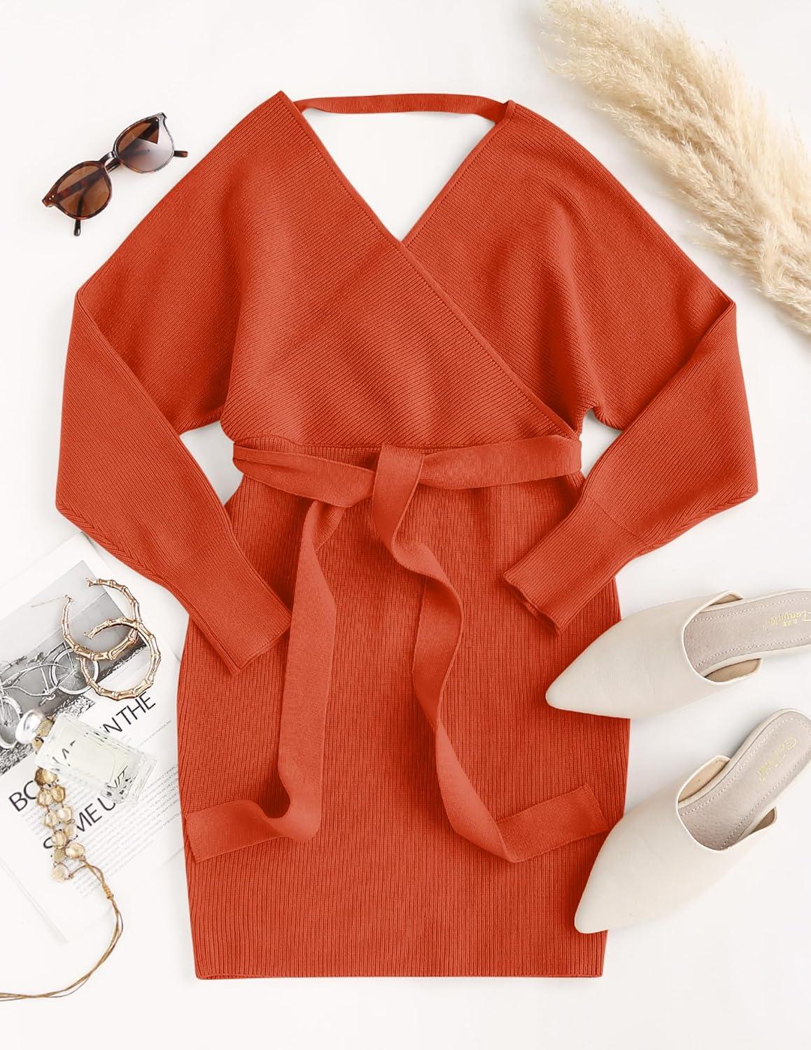 imageZESICA Womens Fall Long Batwing Sleeve Wrap V Neck Knitted Backless Bodycon Pullover Sweater Dress with BeltRustred
