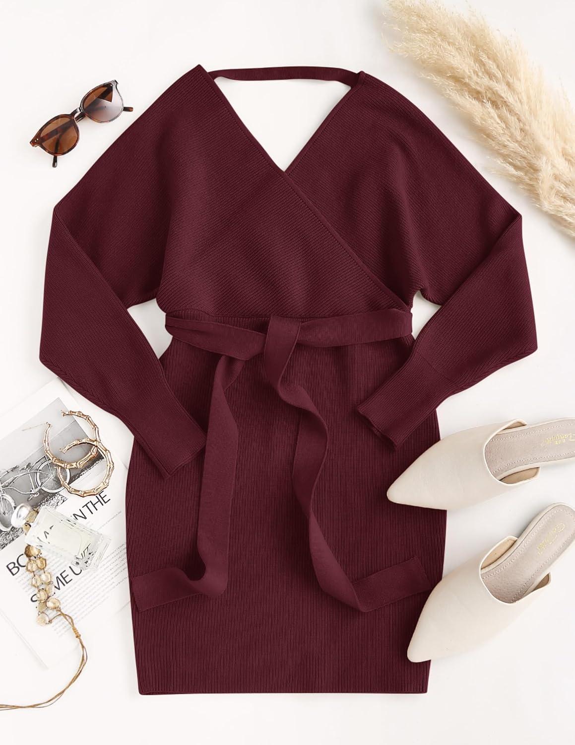 imageZESICA Womens Fall Long Batwing Sleeve Wrap V Neck Knitted Backless Bodycon Pullover Sweater Dress with BeltWine