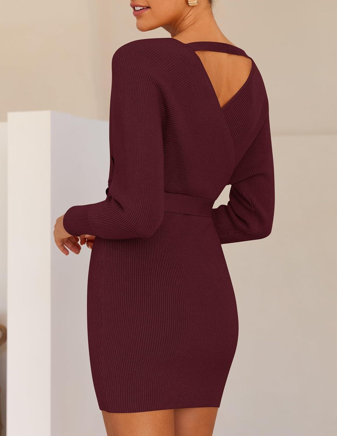 imageZESICA Womens Fall Long Batwing Sleeve Wrap V Neck Knitted Backless Bodycon Pullover Sweater Dress with BeltWine