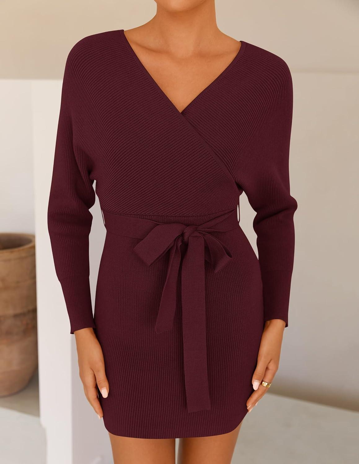 imageZESICA Womens Fall Long Batwing Sleeve Wrap V Neck Knitted Backless Bodycon Pullover Sweater Dress with BeltWine