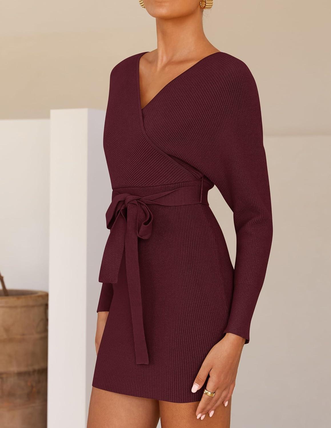 imageZESICA Womens Fall Long Batwing Sleeve Wrap V Neck Knitted Backless Bodycon Pullover Sweater Dress with BeltWine
