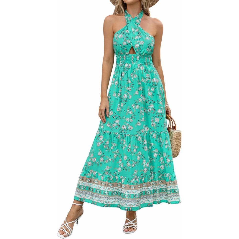 imageZESICA Womens 2026 Summer Crossover Halter Neck Sleeveless Plaid Cut Out Backless Flowy A Line Maxi DressAqua