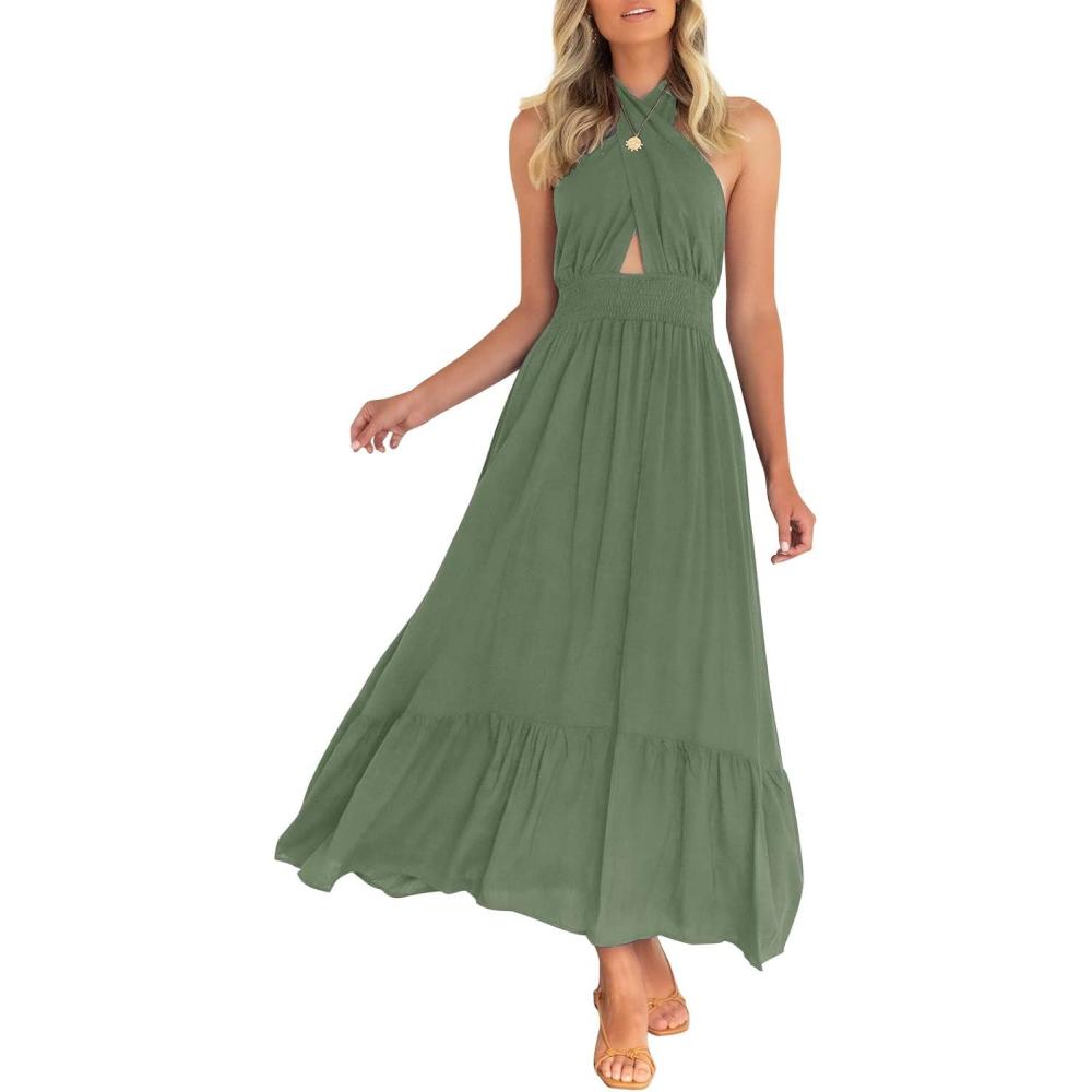 imageZESICA Womens 2026 Summer Crossover Halter Neck Sleeveless Plaid Cut Out Backless Flowy A Line Maxi DressArmygreen