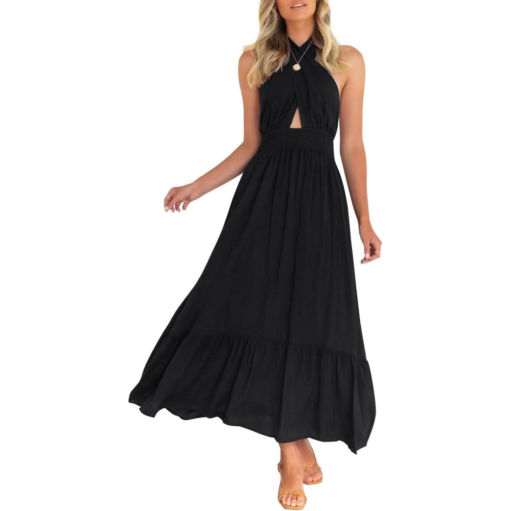 imageZESICA Womens 2026 Summer Crossover Halter Neck Sleeveless Plaid Cut Out Backless Flowy A Line Maxi DressBlack