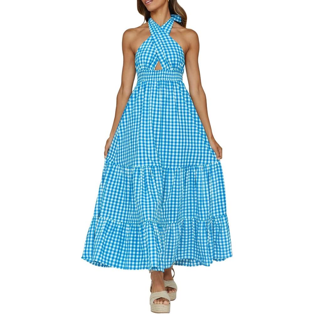 imageZESICA Womens 2026 Summer Crossover Halter Neck Sleeveless Plaid Cut Out Backless Flowy A Line Maxi DressBrightblue