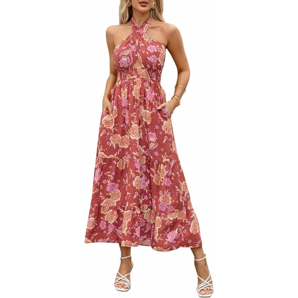 imageZESICA Womens 2026 Summer Crossover Halter Neck Sleeveless Plaid Cut Out Backless Flowy A Line Maxi DressBurntbrick