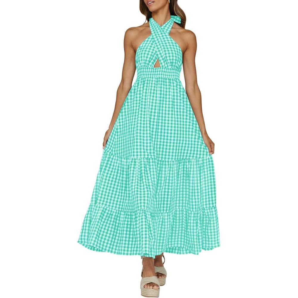 imageZESICA Womens 2026 Summer Crossover Halter Neck Sleeveless Plaid Cut Out Backless Flowy A Line Maxi DressGreen