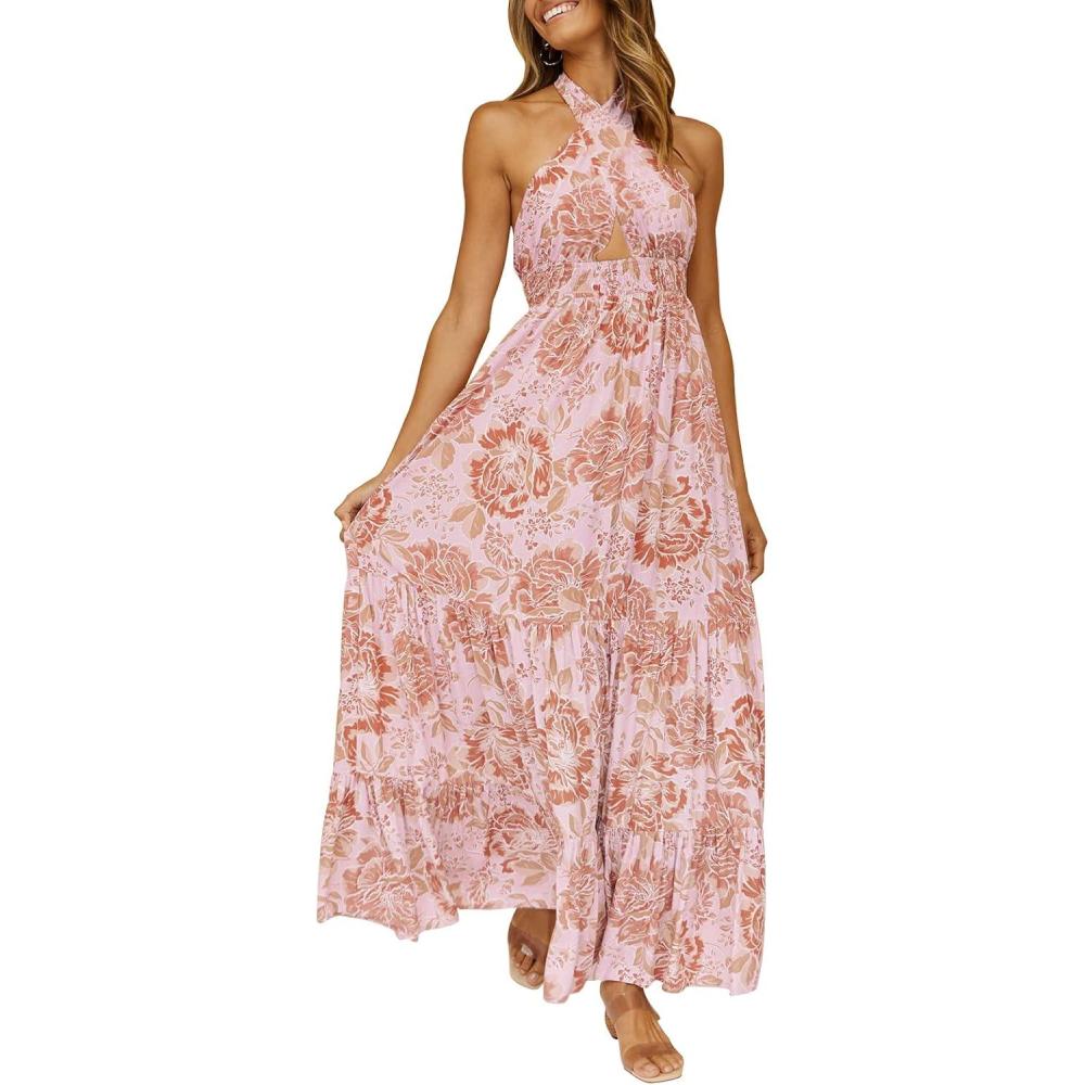 imageZESICA Womens 2026 Summer Crossover Halter Neck Sleeveless Plaid Cut Out Backless Flowy A Line Maxi DressLightbrown