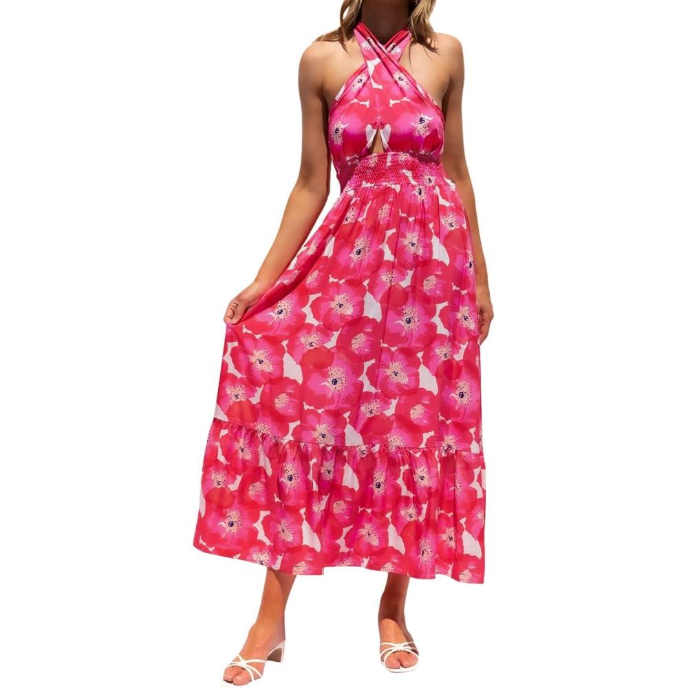 imageZESICA Womens 2026 Summer Crossover Halter Neck Sleeveless Plaid Cut Out Backless Flowy A Line Maxi DressMagenta