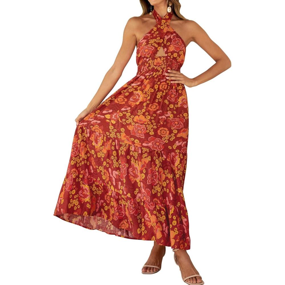 imageZESICA Womens 2026 Summer Crossover Halter Neck Sleeveless Plaid Cut Out Backless Flowy A Line Maxi DressOrangerust