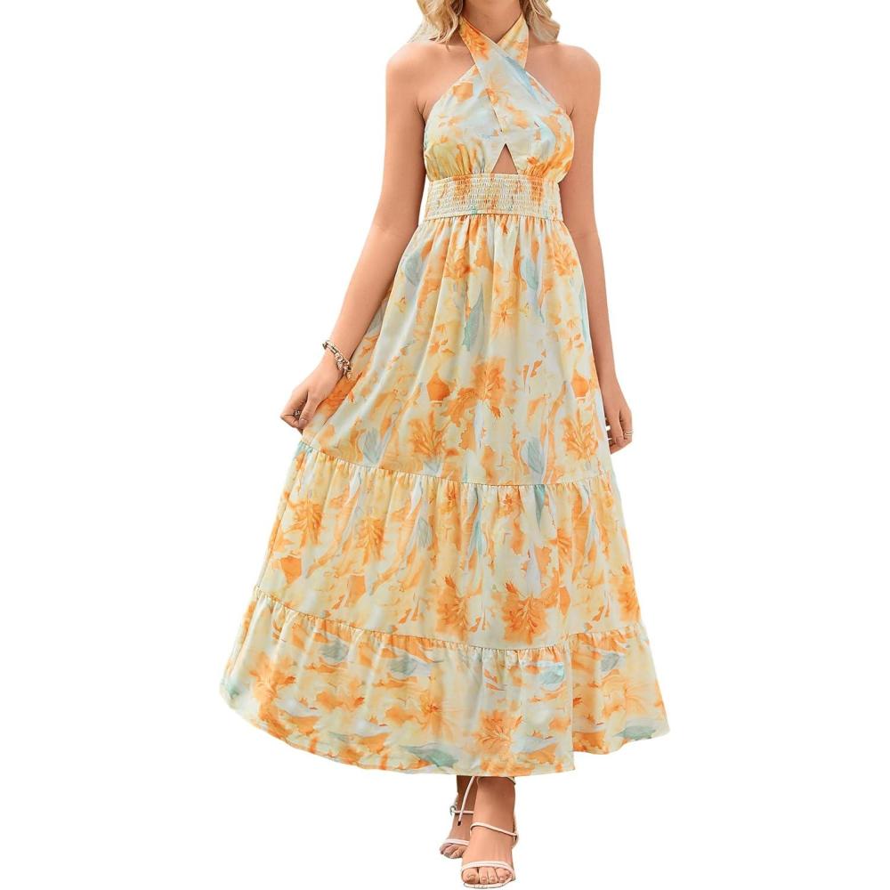 imageZESICA Womens 2026 Summer Crossover Halter Neck Sleeveless Plaid Cut Out Backless Flowy A Line Maxi DressSunsetyellow