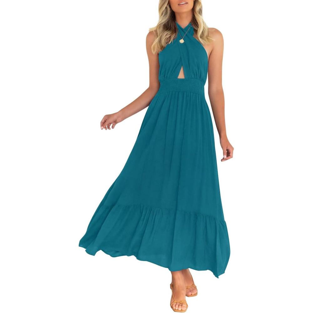 imageZESICA Womens 2026 Summer Crossover Halter Neck Sleeveless Plaid Cut Out Backless Flowy A Line Maxi DressTeal
