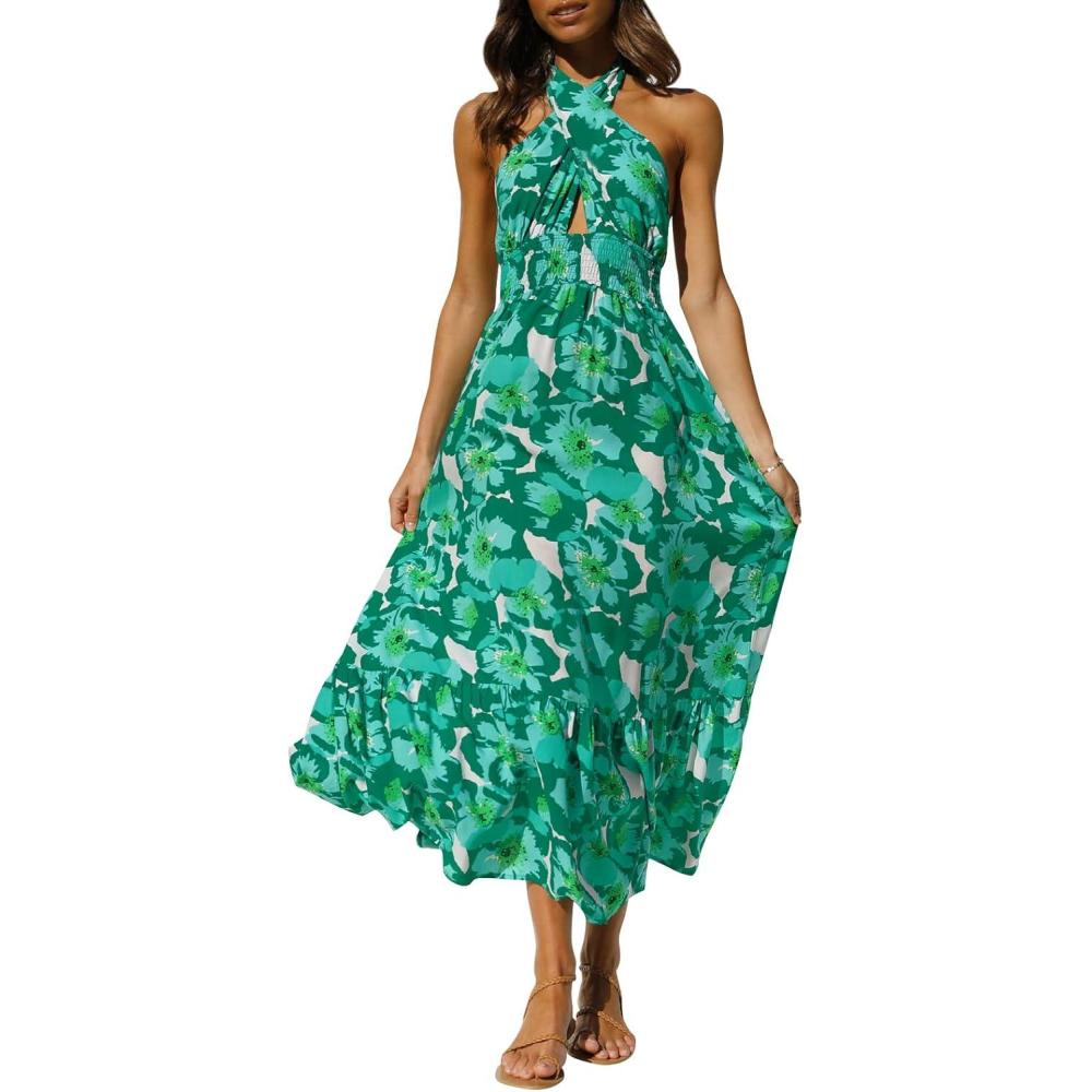 imageZESICA Womens 2026 Summer Crossover Halter Neck Sleeveless Plaid Cut Out Backless Flowy A Line Maxi DressViridis