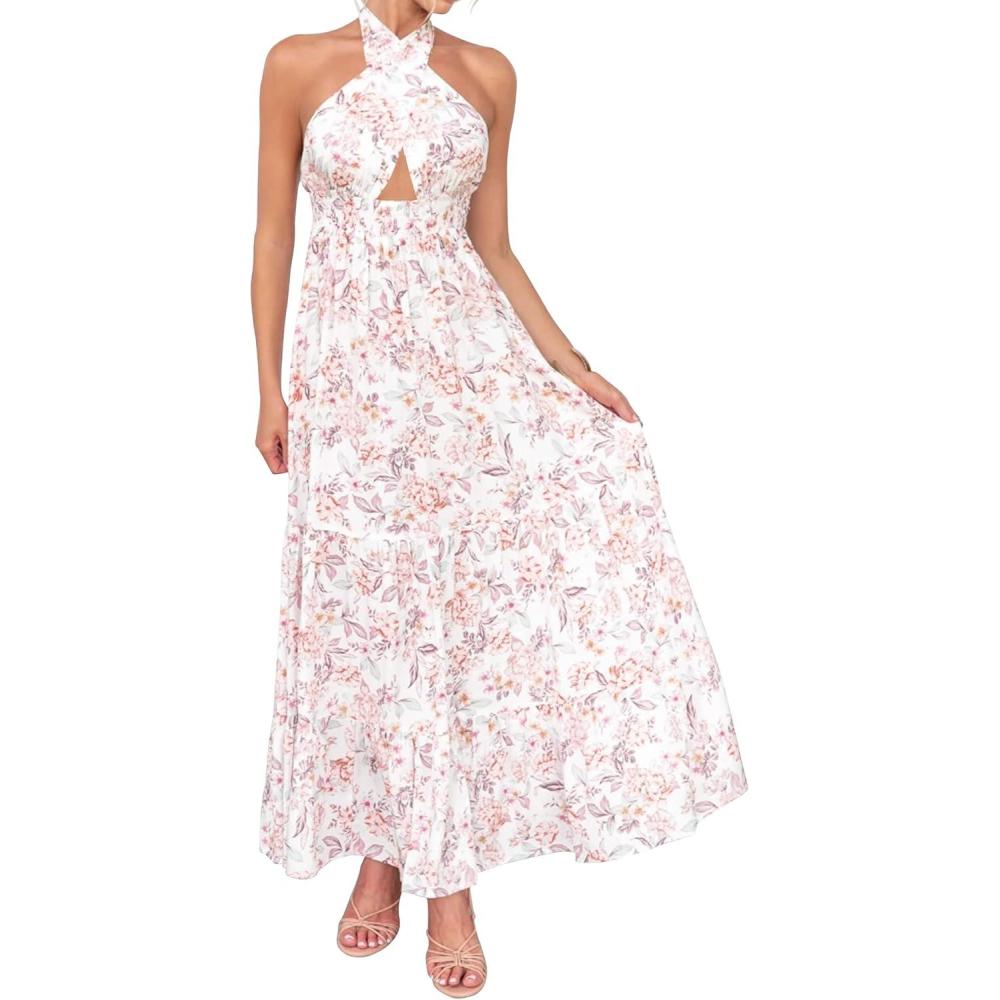 imageZESICA Womens 2026 Summer Crossover Halter Neck Sleeveless Plaid Cut Out Backless Flowy A Line Maxi DressWhite