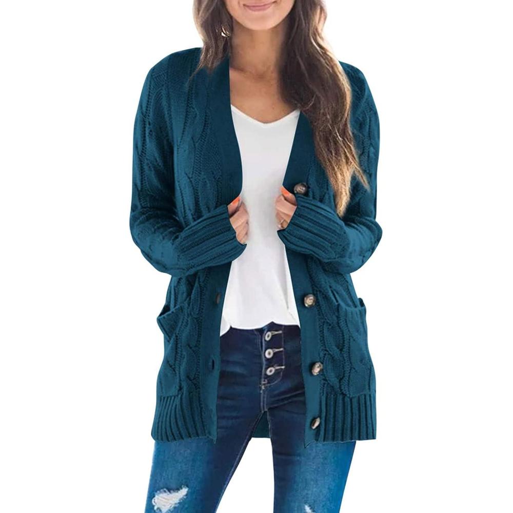 imageZESICA Womens Cardigan Sweaters 2026 Spring Button Down Open Front Cable Knit Casual Trendy Clothing OuterwearTeal