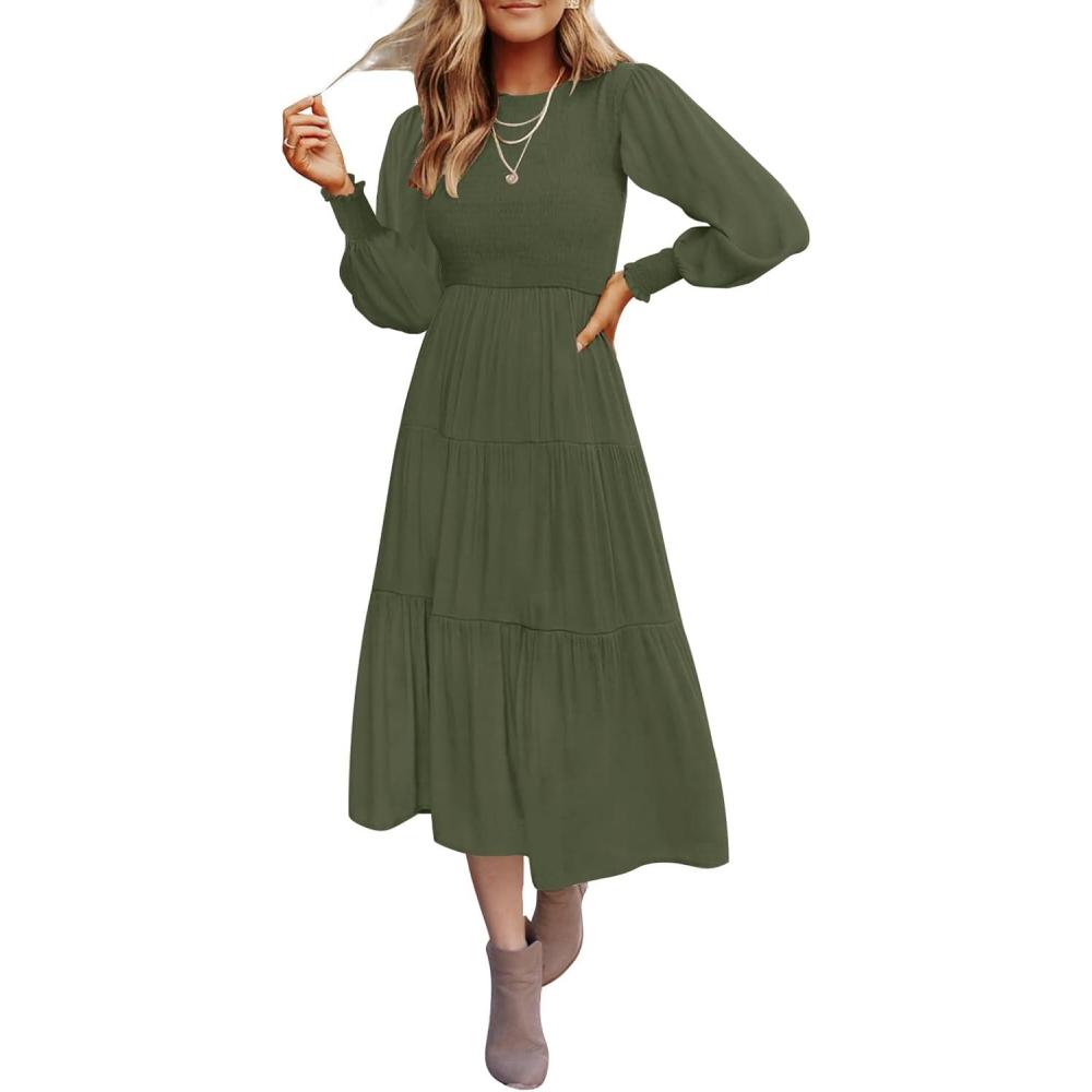 imageZESICA Womens Casual Long Sleeve Crew Neck High Waist Smocked Flowy Tiered Midi DressArmygreen