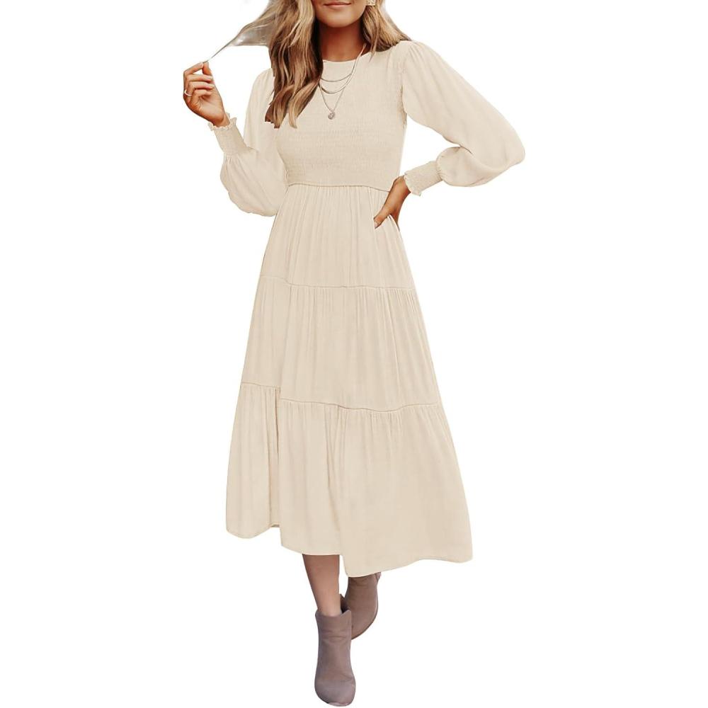 imageZESICA Womens Casual Long Sleeve Crew Neck High Waist Smocked Flowy Tiered Midi DressBeige