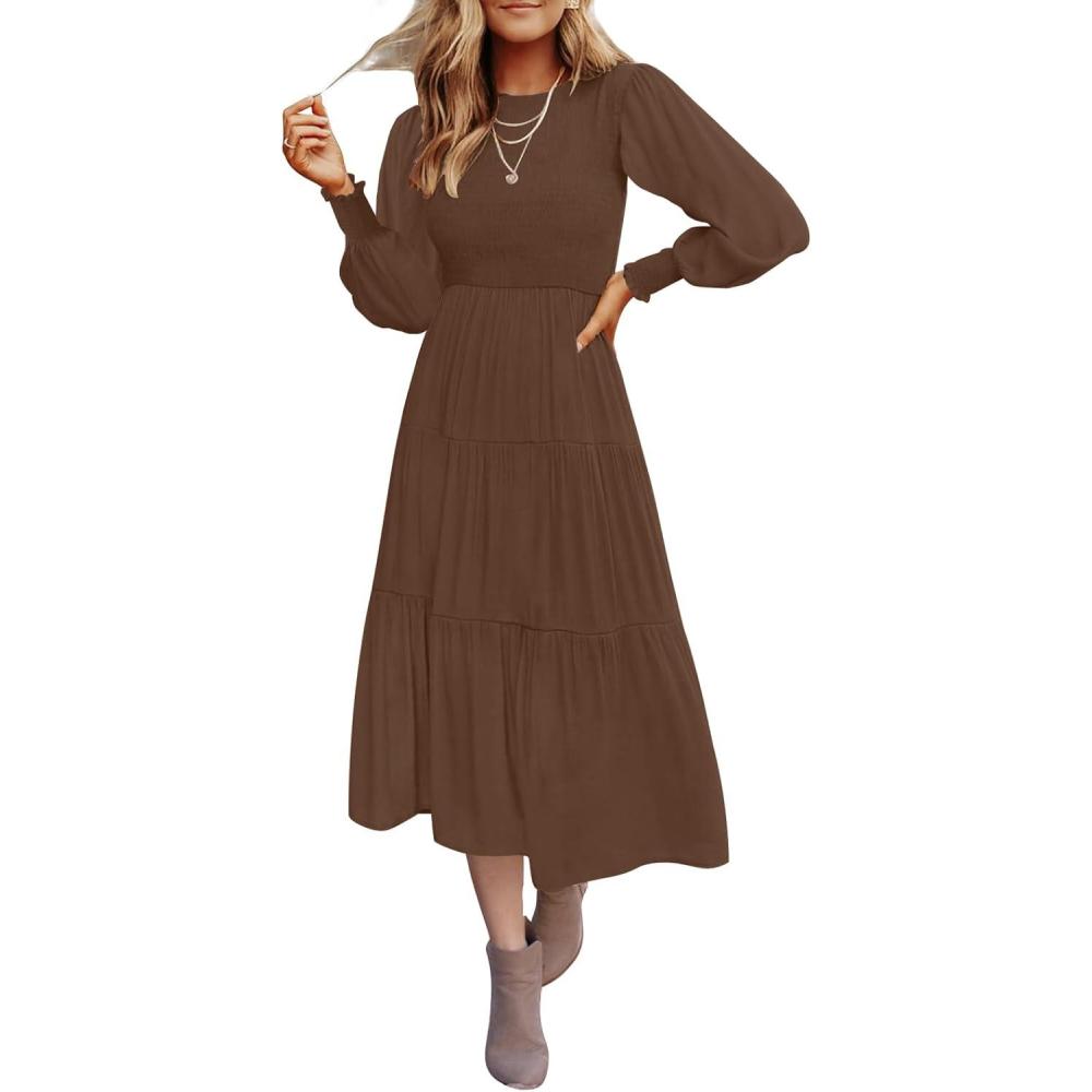 imageZESICA Womens Casual Long Sleeve Crew Neck High Waist Smocked Flowy Tiered Midi DressCoffee
