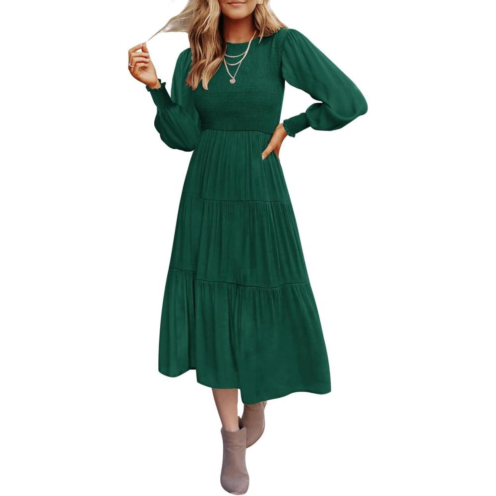 imageZESICA Womens Casual Long Sleeve Crew Neck High Waist Smocked Flowy Tiered Midi DressDarkgreen