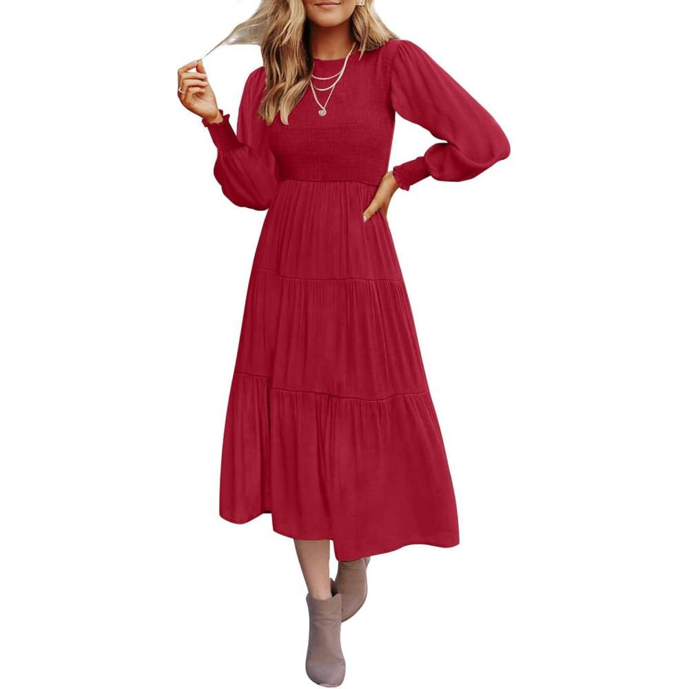 imageZESICA Womens Casual Long Sleeve Crew Neck High Waist Smocked Flowy Tiered Midi DressRed