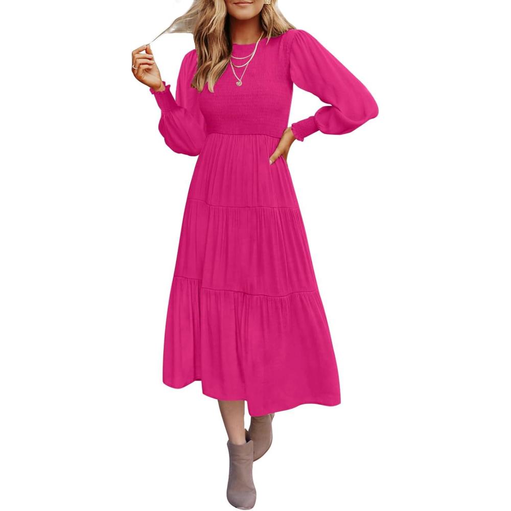 imageZESICA Womens Casual Long Sleeve Crew Neck High Waist Smocked Flowy Tiered Midi DressRose