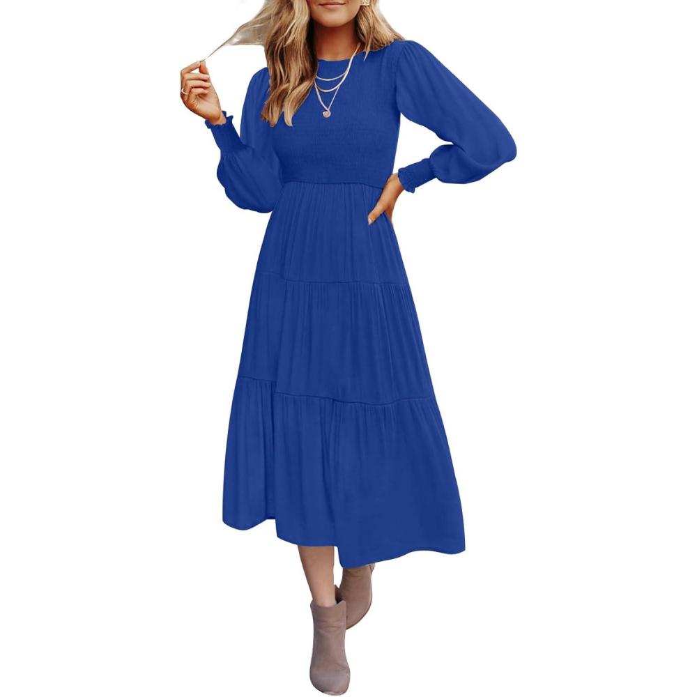imageZESICA Womens Casual Long Sleeve Crew Neck High Waist Smocked Flowy Tiered Midi DressRoyalblue