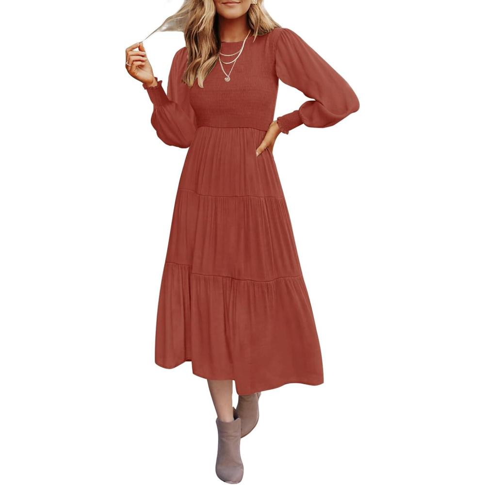 imageZESICA Womens Casual Long Sleeve Crew Neck High Waist Smocked Flowy Tiered Midi DressRust