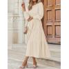 ZESICA Women’s Casual Long Sleeve Crew Neck High Waist Smocked Flowy Tiered Midi Dress(Beige)