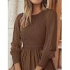 ZESICA Women’s Casual Long Sleeve Crew Neck High Waist Smocked Flowy Tiered Midi Dress(Coffee)