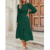 ZESICA Women’s Casual Long Sleeve Crew Neck High Waist Smocked Flowy Tiered Midi Dress(Darkgreen)