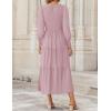ZESICA Women’s Casual Long Sleeve Crew Neck High Waist Smocked Flowy Tiered Midi Dress(Darkpink)