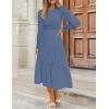 ZESICA Women’s Casual Long Sleeve Crew Neck High Waist Smocked Flowy Tiered Midi Dress(Dustyblue)