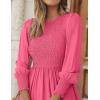ZESICA Women’s Casual Long Sleeve Crew Neck High Waist Smocked Flowy Tiered Midi Dress(Hotpink)