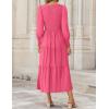 ZESICA Women’s Casual Long Sleeve Crew Neck High Waist Smocked Flowy Tiered Midi Dress(Hotpink)