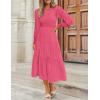 ZESICA Women’s Casual Long Sleeve Crew Neck High Waist Smocked Flowy Tiered Midi Dress(Hotpink)