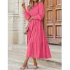 ZESICA Women’s Casual Long Sleeve Crew Neck High Waist Smocked Flowy Tiered Midi Dress(Hotpink)