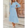 ZESICA Women’s Casual Long Sleeve Crew Neck High Waist Smocked Flowy Tiered Midi Dress(Lightblue)