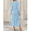 ZESICA Women’s Casual Long Sleeve Crew Neck High Waist Smocked Flowy Tiered Midi Dress(Lightblue)