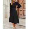 ZESICA Women’s Casual Long Sleeve Crew Neck High Waist Smocked Flowy Tiered Midi Dress(Pureblack)