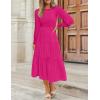 ZESICA Women’s Casual Long Sleeve Crew Neck High Waist Smocked Flowy Tiered Midi Dress(Rose)
