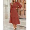 ZESICA Women’s Casual Long Sleeve Crew Neck High Waist Smocked Flowy Tiered Midi Dress(Rust)