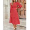 ZESICA Women’s Casual Long Sleeve Crew Neck High Waist Smocked Flowy Tiered Midi Dress(Watermelonred)
