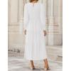 ZESICA Women’s Casual Long Sleeve Crew Neck High Waist Smocked Flowy Tiered Midi Dress(White)