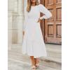 ZESICA Women’s Casual Long Sleeve Crew Neck High Waist Smocked Flowy Tiered Midi Dress(White)