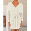 ZESICA Women’s Fall Long Batwing Sleeve Wrap V Neck Knitted Backless Bodycon Pullover Sweater Dress with Belt(Apricot)