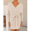 ZESICA Women’s Fall Long Batwing Sleeve Wrap V Neck Knitted Backless Bodycon Pullover Sweater Dress with Belt(Beige)