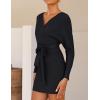 ZESICA Women’s Fall Long Batwing Sleeve Wrap V Neck Knitted Backless Bodycon Pullover Sweater Dress with Belt(Black)