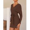 ZESICA Women’s Fall Long Batwing Sleeve Wrap V Neck Knitted Backless Bodycon Pullover Sweater Dress with Belt(Brown)